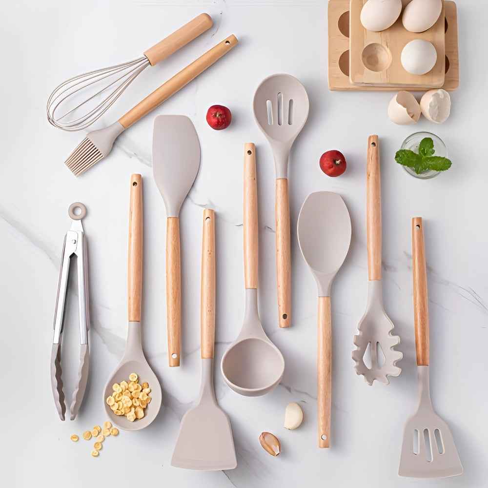 12-Piece Kitchen Utensil Set with Heat-Resistant Bamboo Handles – Durable and Ergonomic for Comfortable Cooking