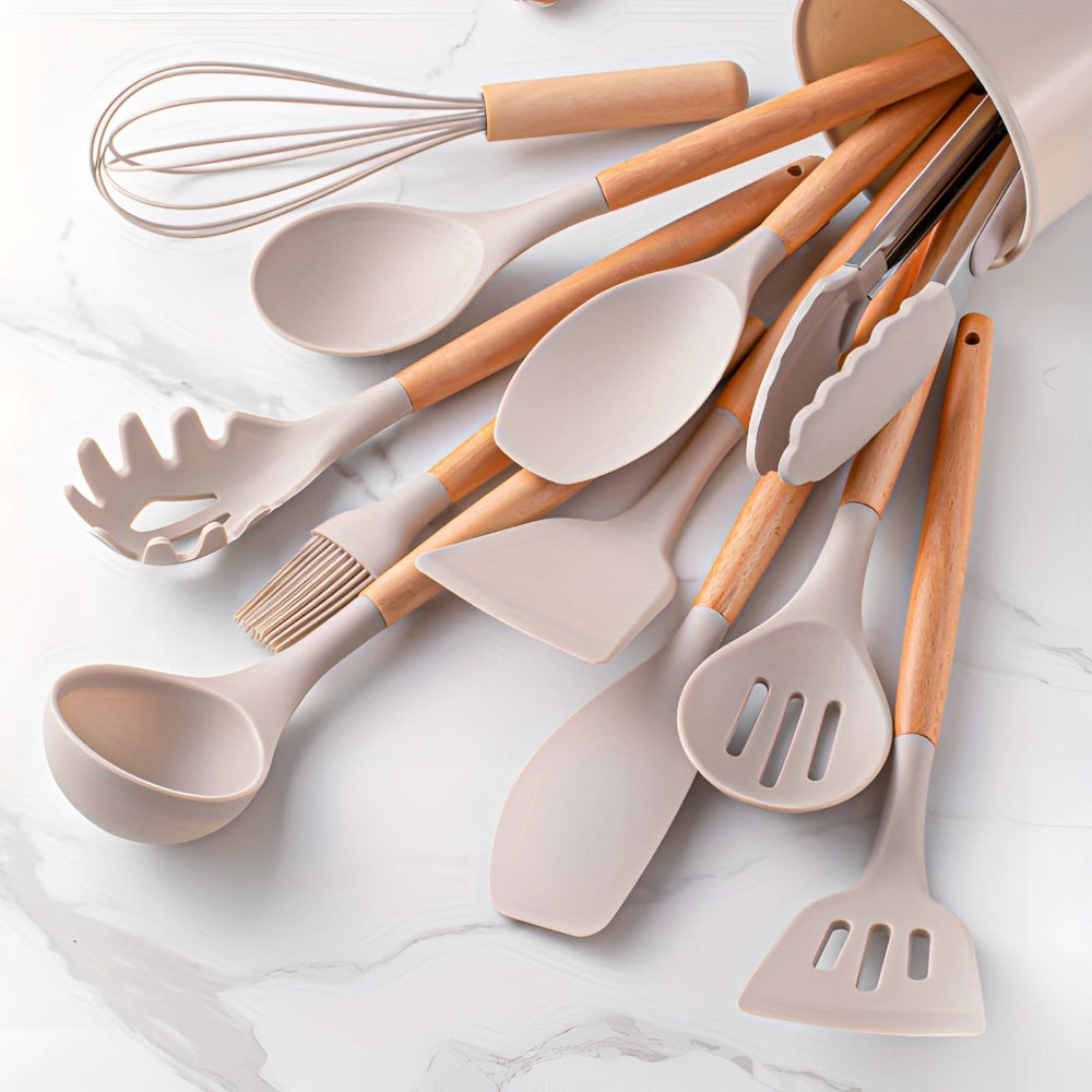 12-Piece Kitchen Utensil Set with Heat-Resistant Bamboo Handles – Durable and Ergonomic for Comfortable Cooking
