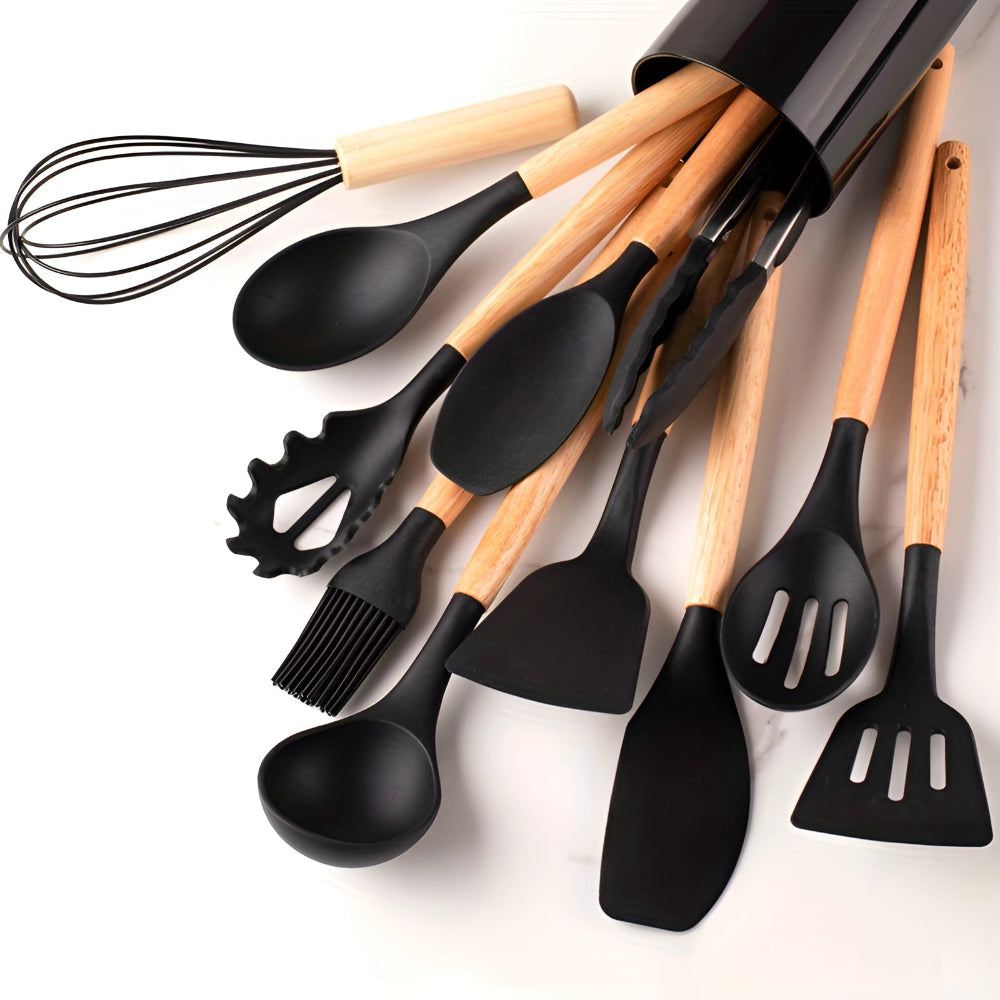 12-Piece Kitchen Utensil Set with Heat-Resistant Bamboo Handles – Durable and Ergonomic for Comfortable Cooking