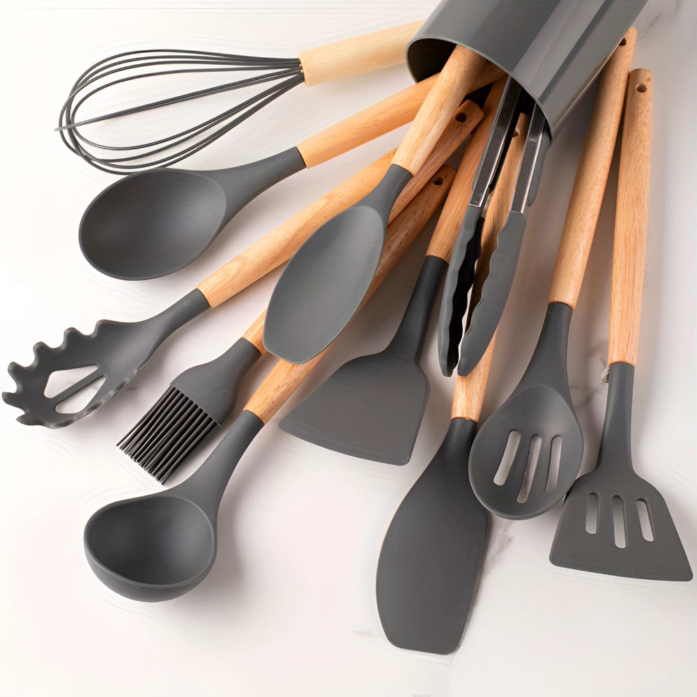 12-Piece Kitchen Utensil Set with Heat-Resistant Bamboo Handles – Durable and Ergonomic for Comfortable Cooking