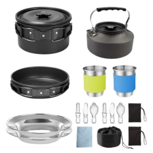 17-delige Campingset voor Twee Personen met Opvouwbare Pannen en Servies – Lichtgewicht, Compacte Opbergtas