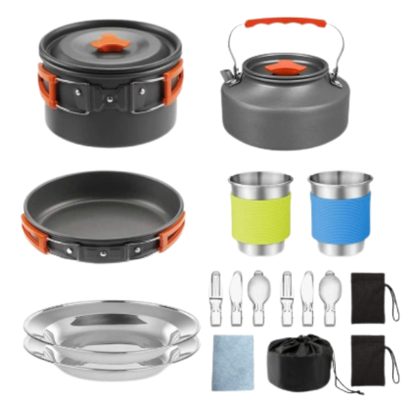 17-delige Campingset voor Twee Personen met Opvouwbare Pannen en Servies – Lichtgewicht, Compacte Opbergtas