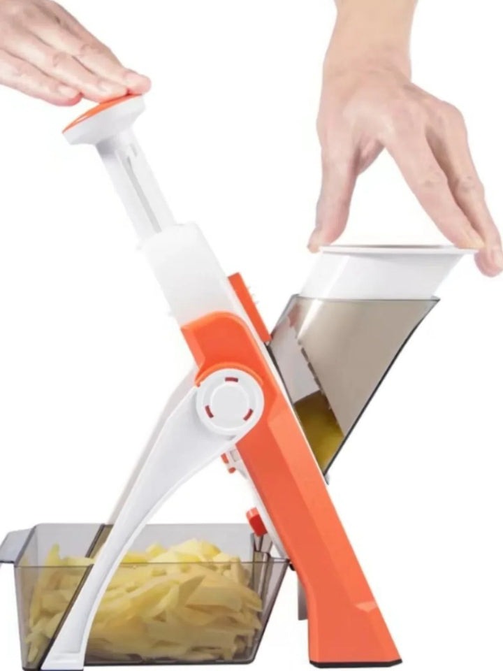 5-in-1 Groentesnijder met Verzamelbak en 5 Verwisselbare Messen – Multifunctionele Keukenhulp voor Efficiënte Maaltijdvoorbereiding