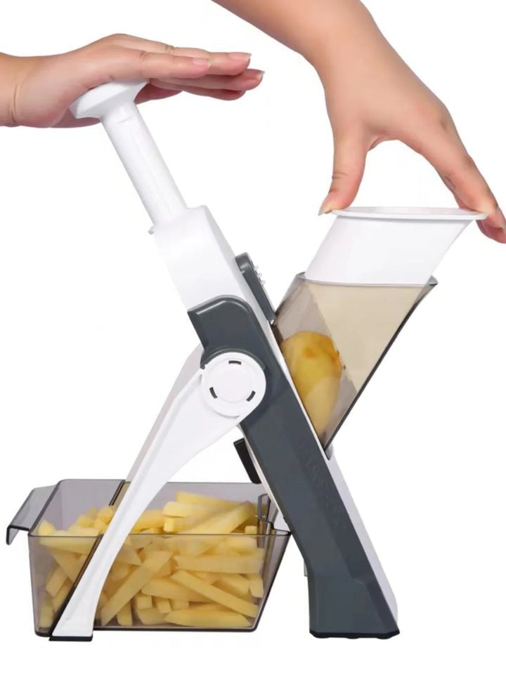 5-in-1 Groentesnijder met Verzamelbak en 5 Verwisselbare Messen – Multifunctionele Keukenhulp voor Efficiënte Maaltijdvoorbereiding