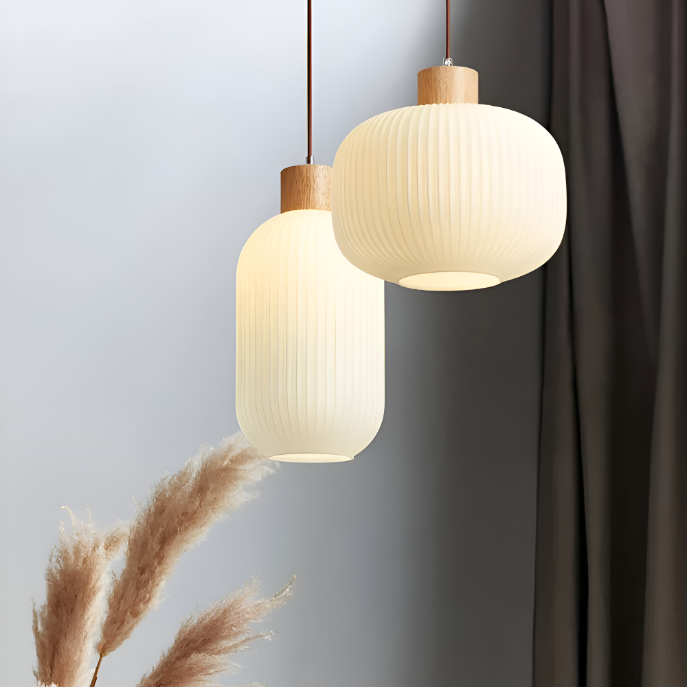 AkariLuxe hanglamp - Elegante Japanse hanglamp van melkwit geribbeld glas
