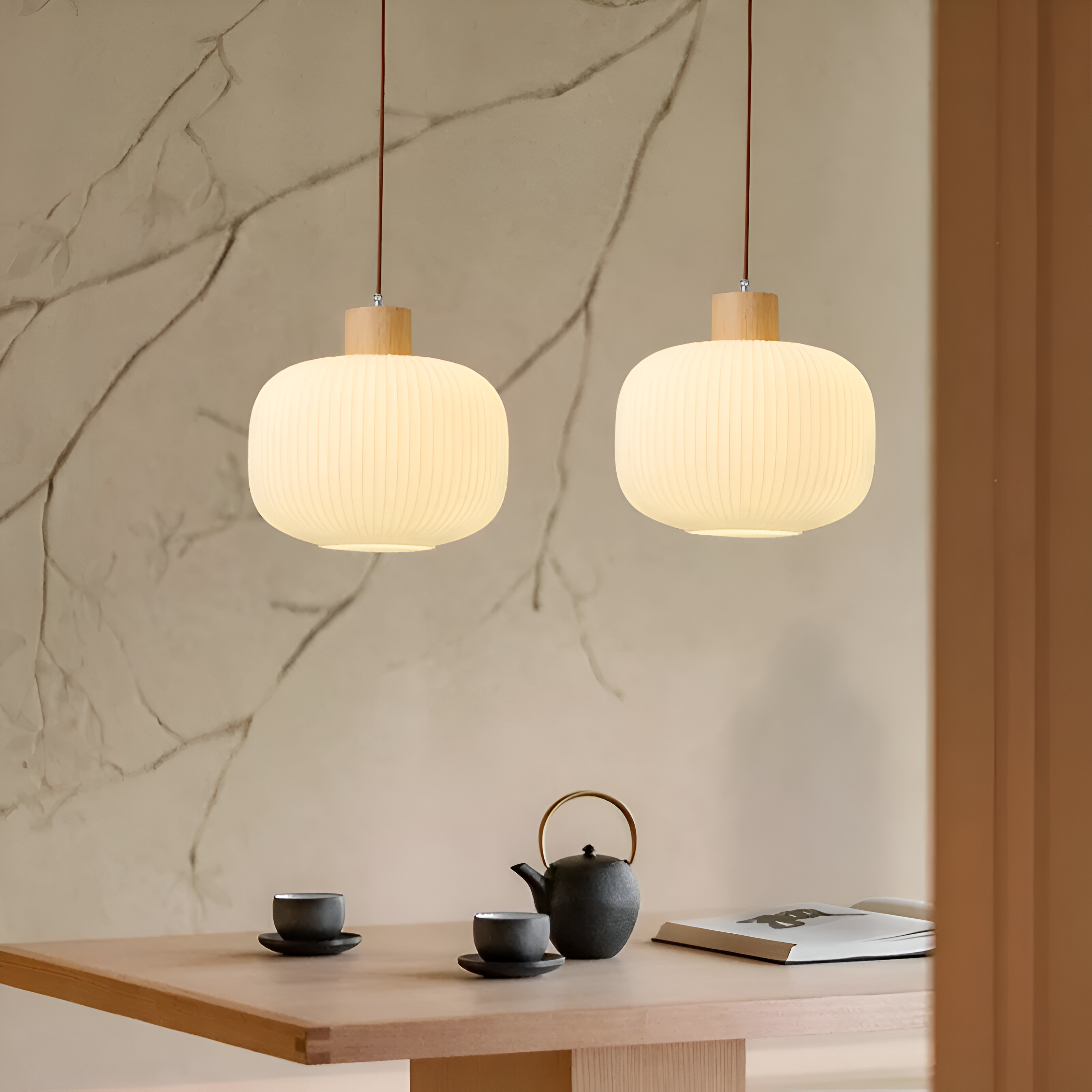 AkariLuxe hanglamp - Elegante Japanse hanglamp van melkwit geribbeld glas
