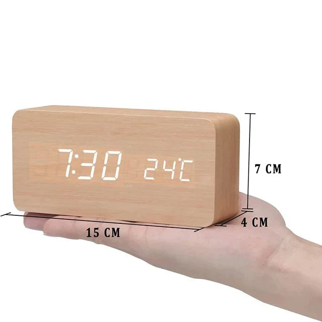 Digitale Houten Wekker – LED Display, Spraakbesturing, Instelbare Helderheid