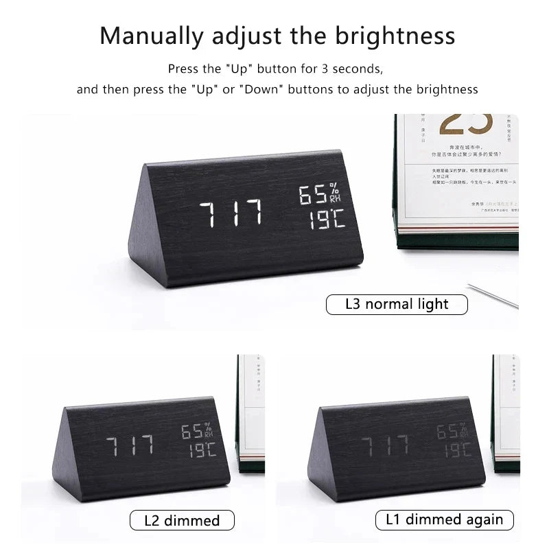 Digitale Houten Wekker – LED Display, Spraakbesturing, Instelbare Helderheid