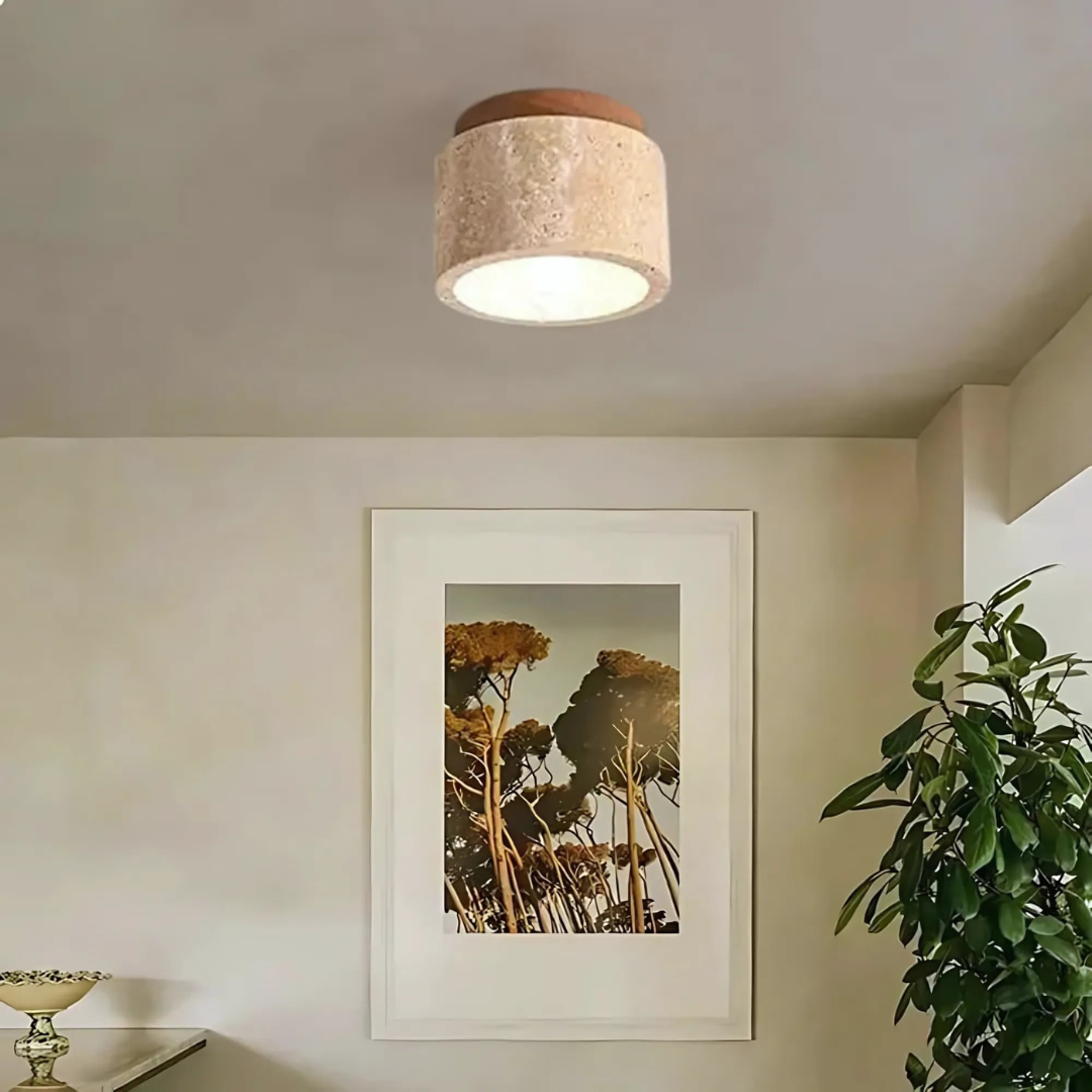 Cilindervormige Plafondlamp van Travertin met Houten Accent – Warm Wit Licht voor Slaapkamer en Woonkamer Plafonnière