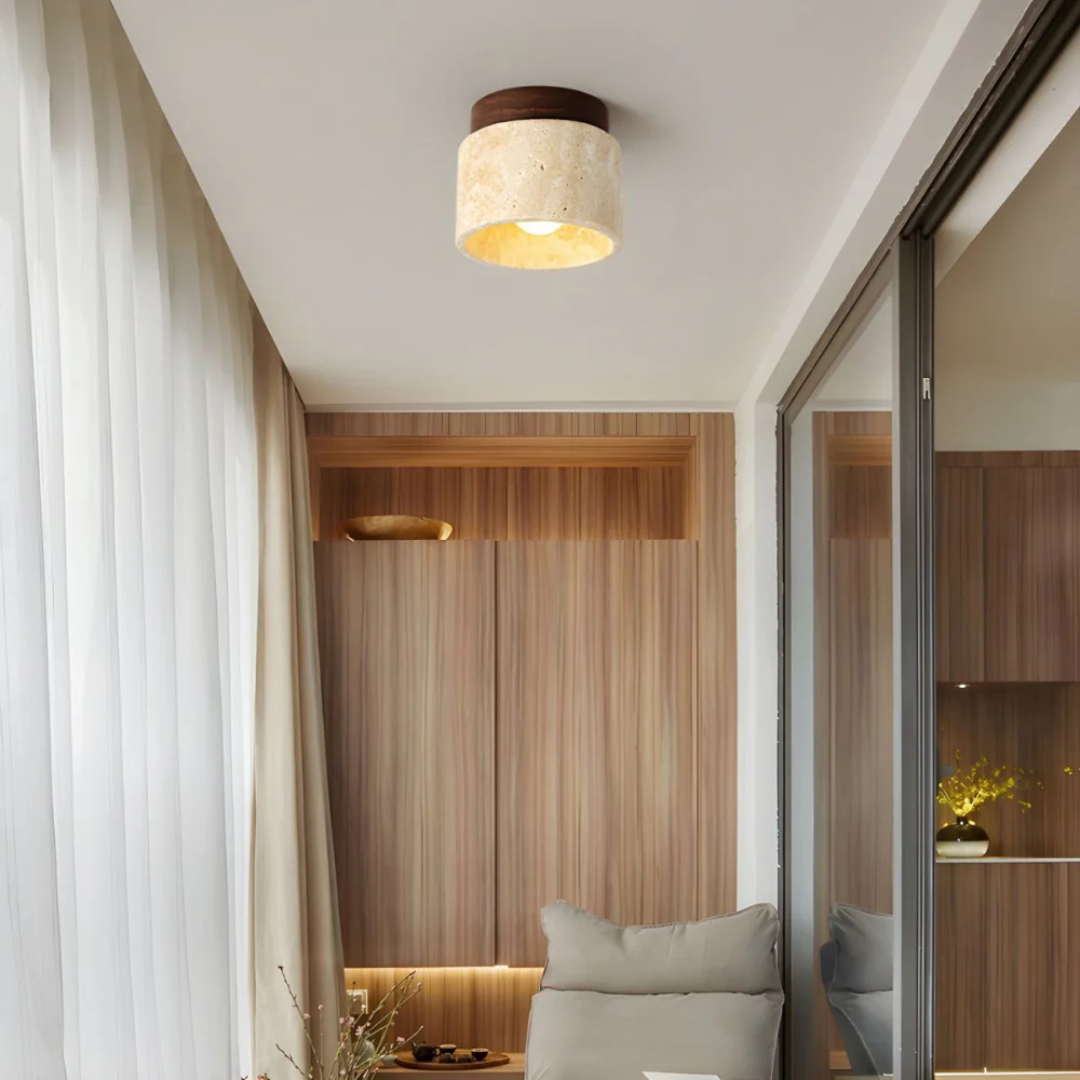 Cilindervormige Plafondlamp van Travertin met Houten Accent – Warm Wit Licht voor Slaapkamer en Woonkamer Plafonnière