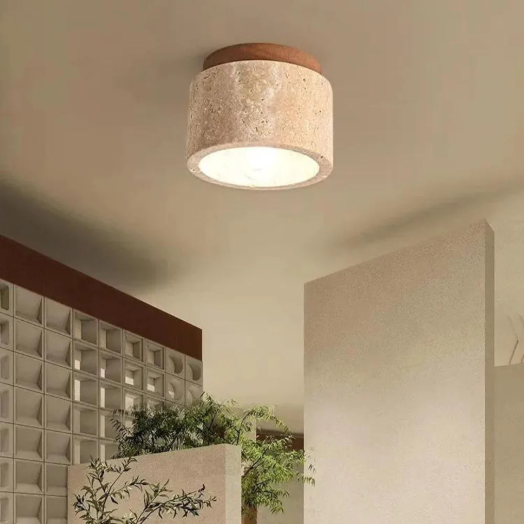 Cilindervormige Plafondlamp van Travertin met Houten Accent – Warm Wit Licht voor Slaapkamer en Woonkamer Plafonnière