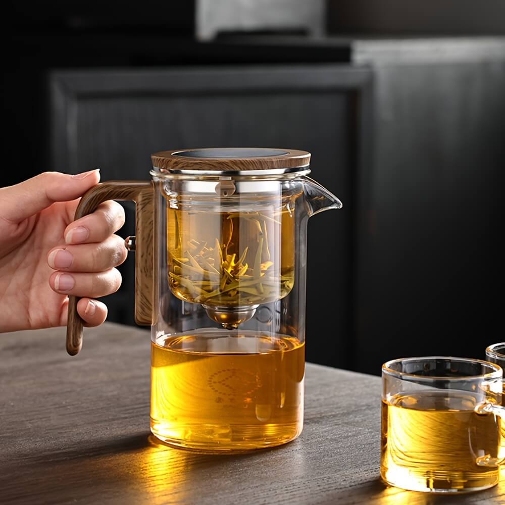 Glazen Theepot met Magnetische Infuser en Houten Handvat – Borosilicaatglas