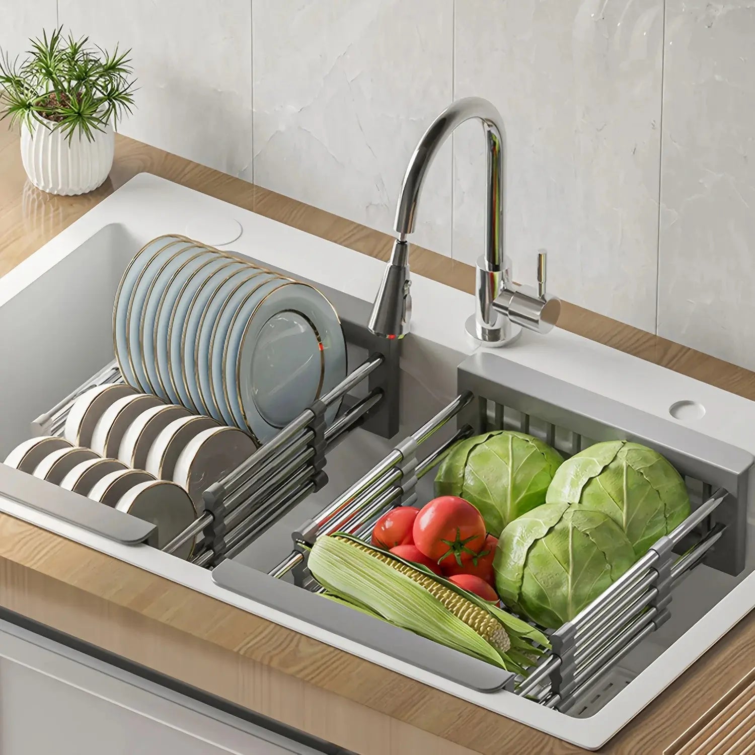 Uitbreidbare afvoermand voor de keuken – Uitbreidbaar voor het afgieten van groenten en fruit
