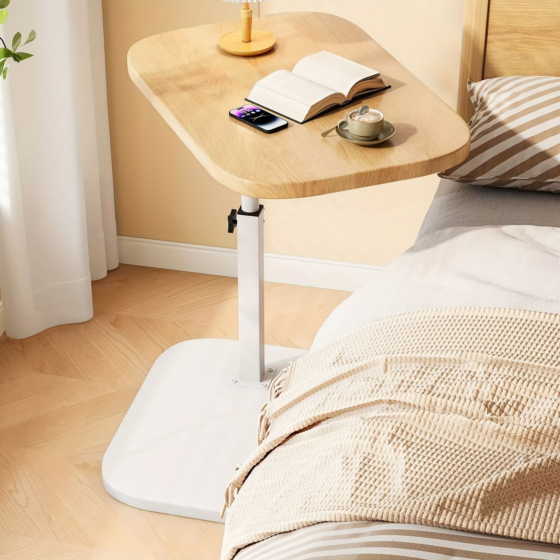 Verstelbare Bijzettafel met Houten Bovenblad en Staalframe – Ideaal voor Bank of Bed, Hoogte 45-80 cm