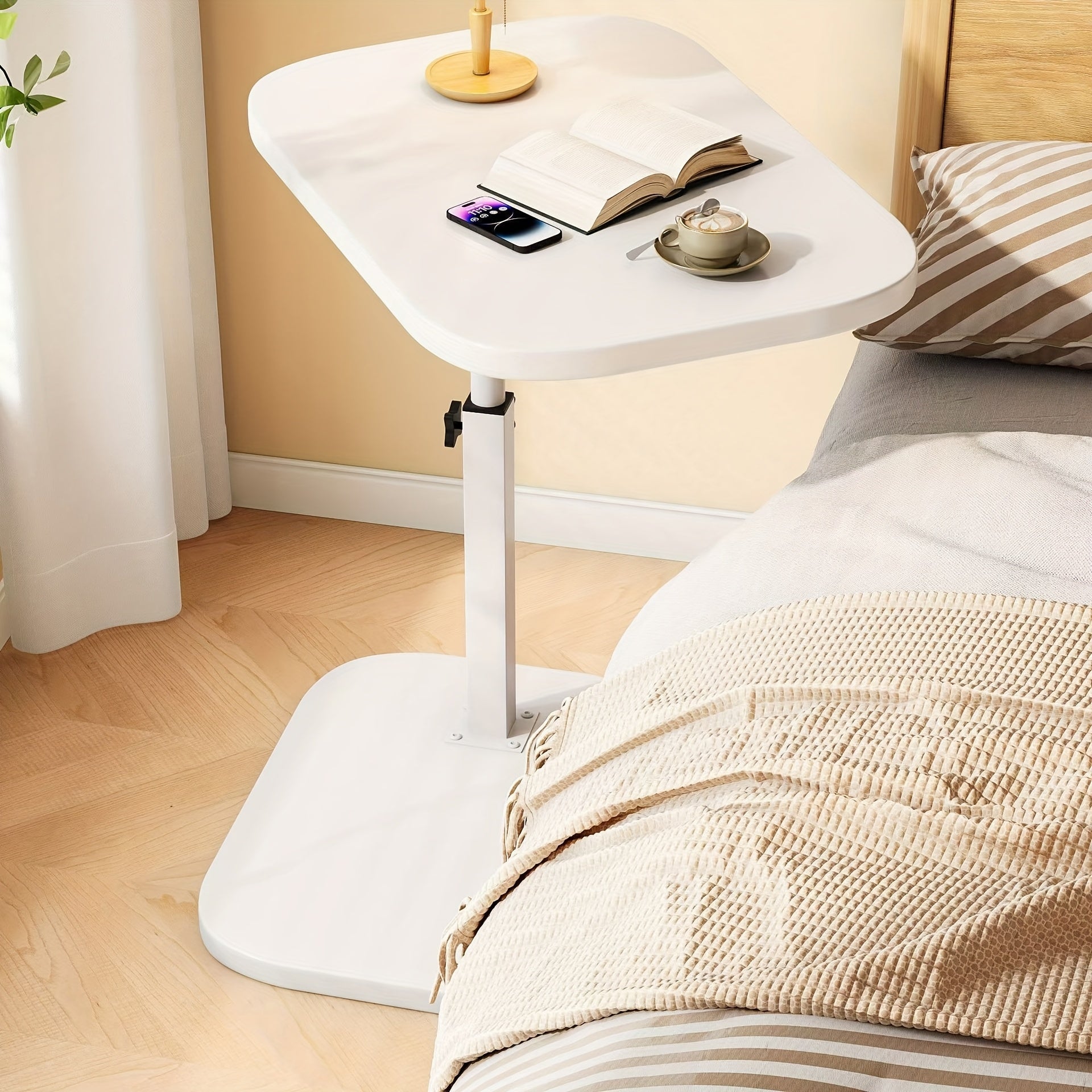 Verstelbare Bijzettafel met Houten Bovenblad en Staalframe – Ideaal voor Bank of Bed, Hoogte 45-80 cm