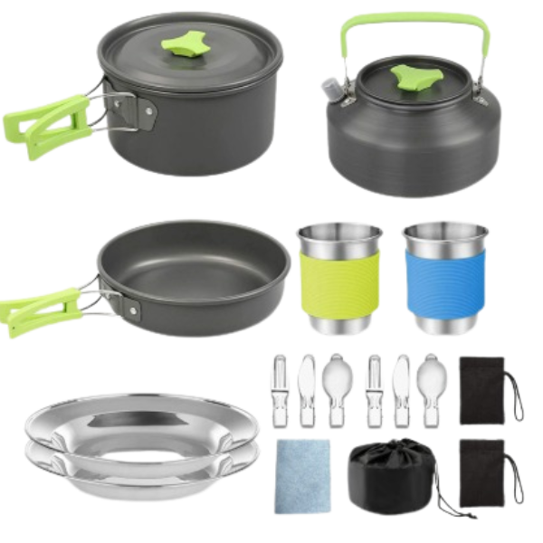 17-delige Campingset voor Twee Personen met Opvouwbare Pannen en Servies – Lichtgewicht, Compacte Opbergtas