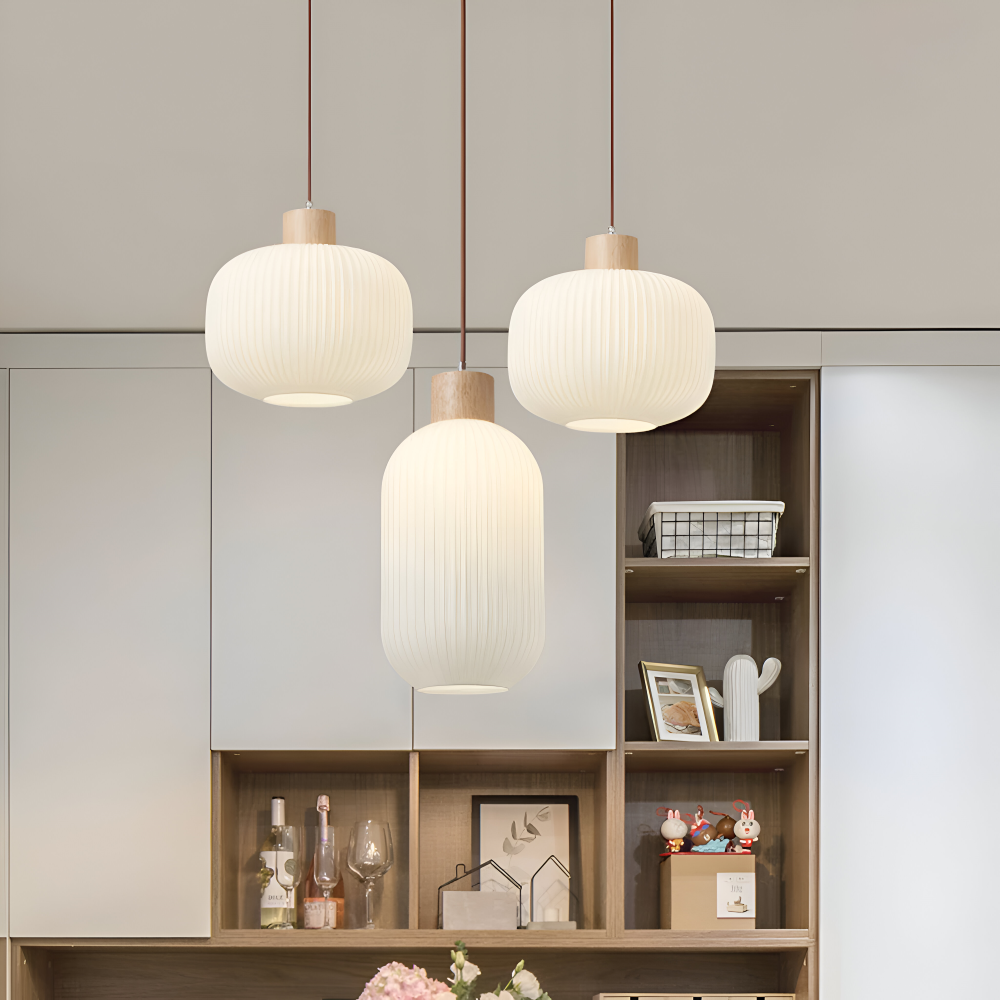 AkariLuxe hanglamp - Elegante Japanse hanglamp van melkwit geribbeld glas