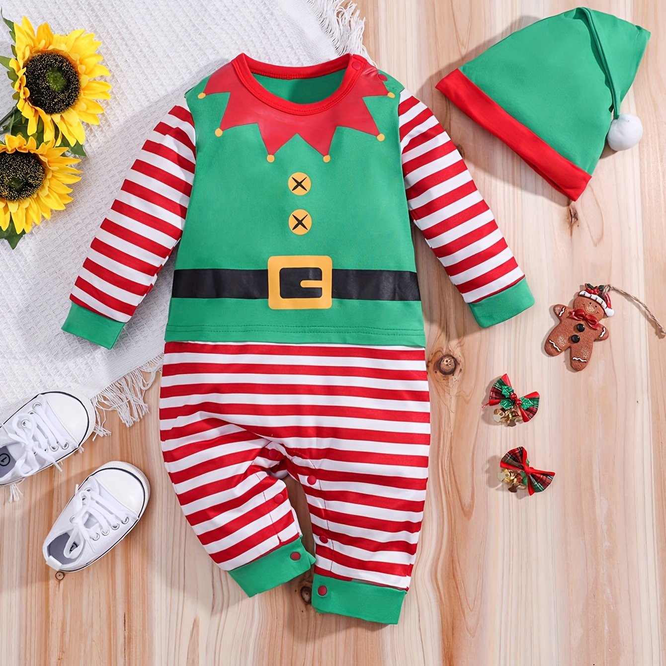 Baby Elf Halloween Kostuum Romper met Lange Mouwen - Schattige Gestreepte Outfit voor 0-3 Jaar