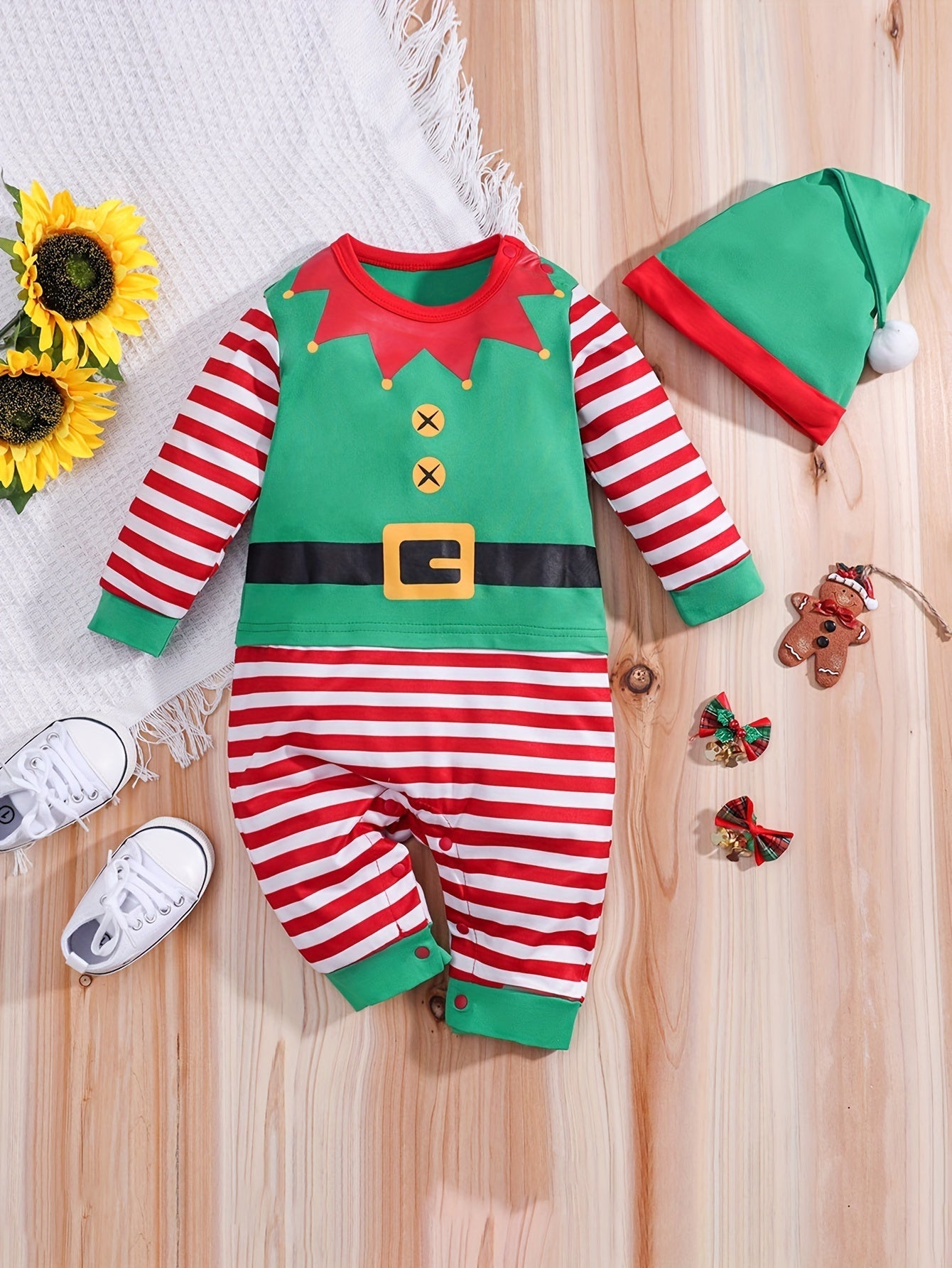 Baby Elf Halloween Kostuum Romper met Lange Mouwen - Schattige Gestreepte Outfit voor 0-3 Jaar