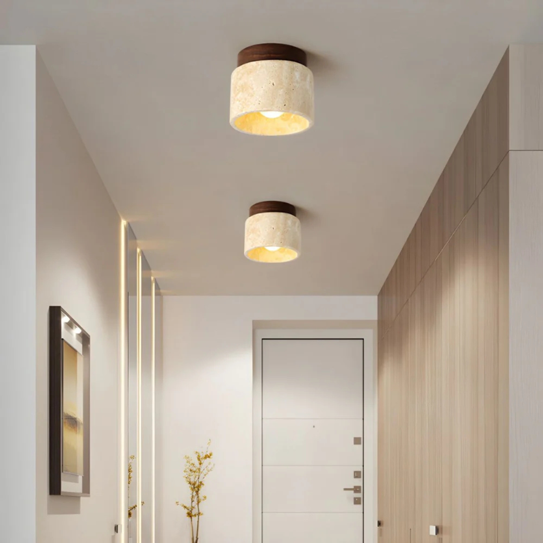Cilindervormige Plafondlamp van Travertin met Houten Accent – Warm Wit Licht voor Slaapkamer en Woonkamer Plafonnière