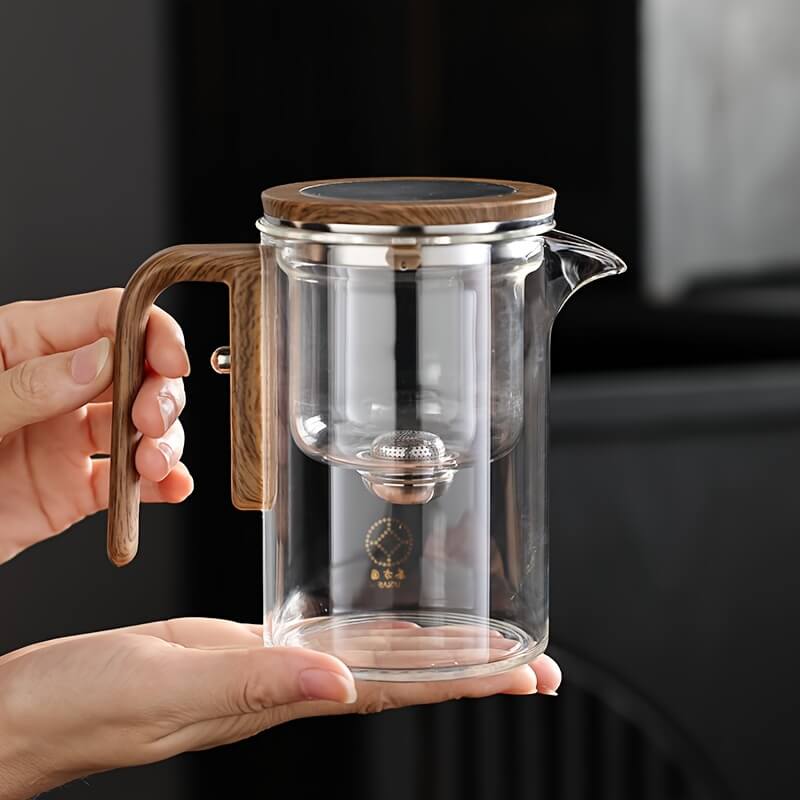 Glazen Theepot met Magnetische Infuser en Houten Handvat – Borosilicaatglas