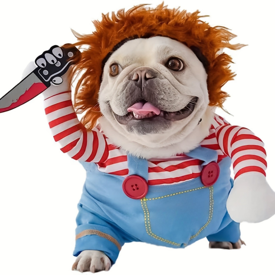 Halloween Kostuum voor Honden - Eng Poppenontwerp in Pluche voor Kleine Rassen met Eenvoudige Tether Pasvorm
