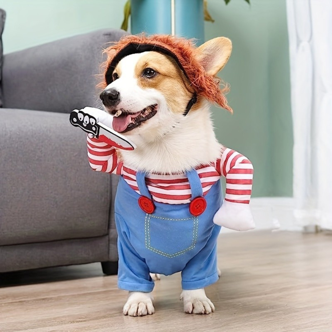 Halloween Kostuum voor Honden - Eng Poppenontwerp in Pluche voor Kleine Rassen met Eenvoudige Tether Pasvorm