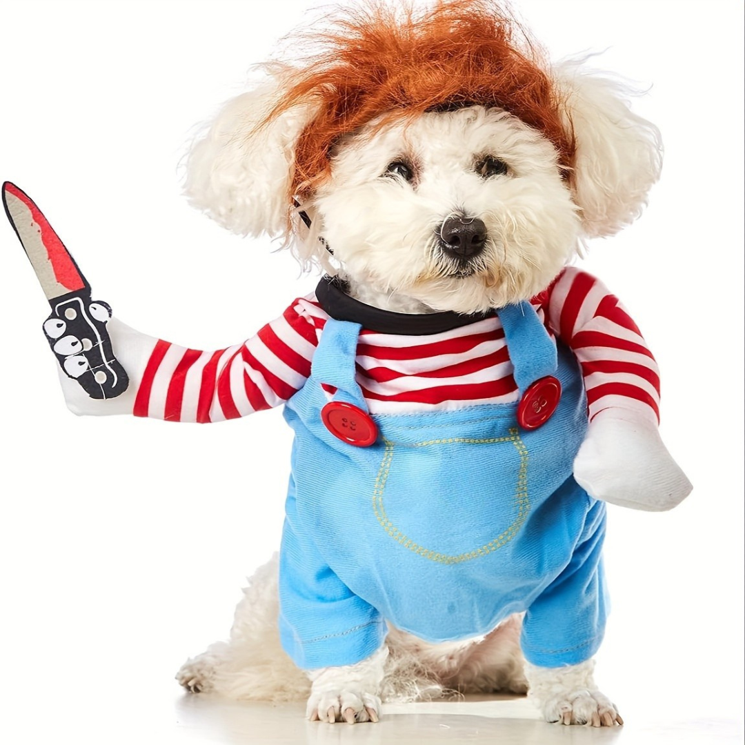 Halloween Kostuum voor Honden - Eng Poppenontwerp in Pluche voor Kleine Rassen met Eenvoudige Tether Pasvorm