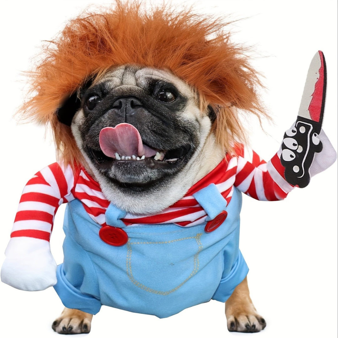 Halloween Kostuum voor Honden - Eng Poppenontwerp in Pluche voor Kleine Rassen met Eenvoudige Tether Pasvorm