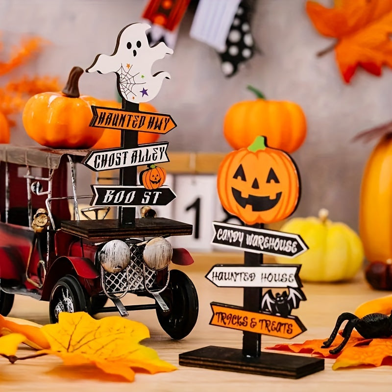 Houten Halloween Pompoen Decoratie – Moderne Tafeldecoratie voor Spookachtige Versiering