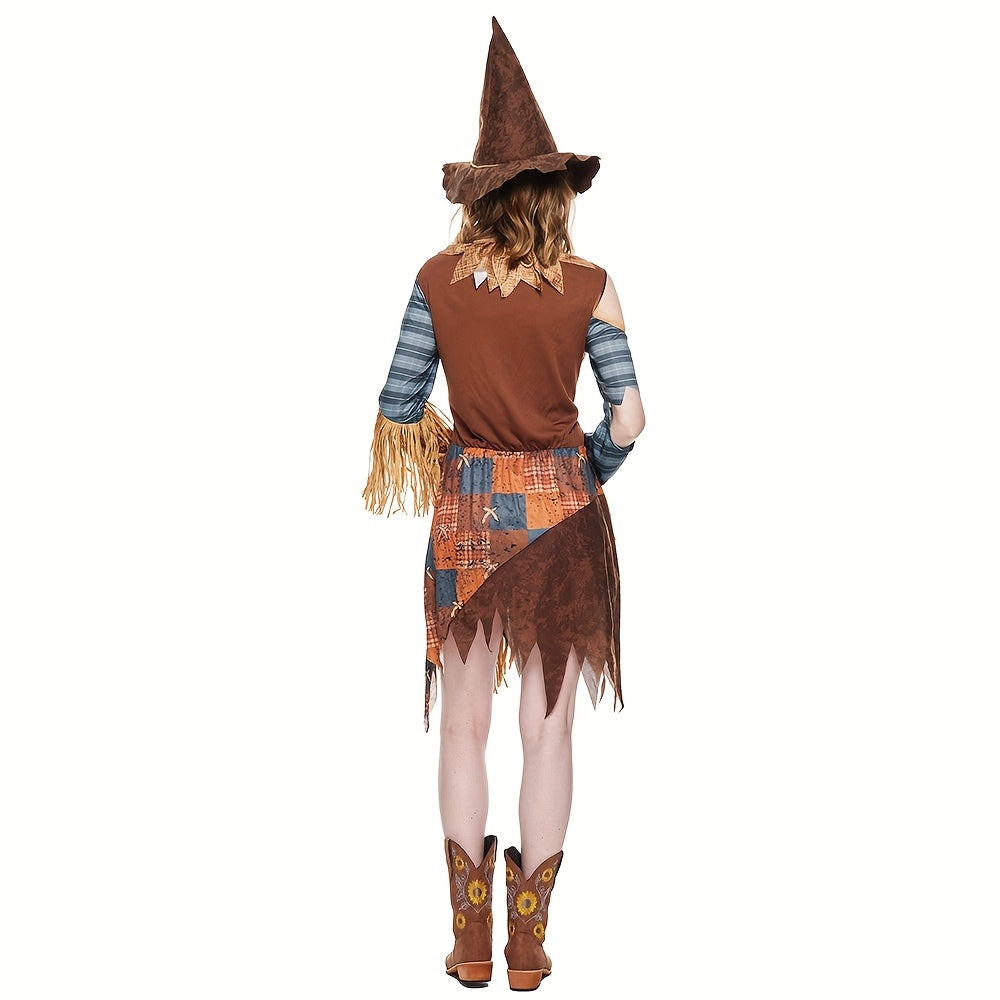 Off-Shoulder Mini Halloween Kostuum Dames met Scarecrow Hoed – Schattige en Griezelige Outfit voor Halloween Feesten