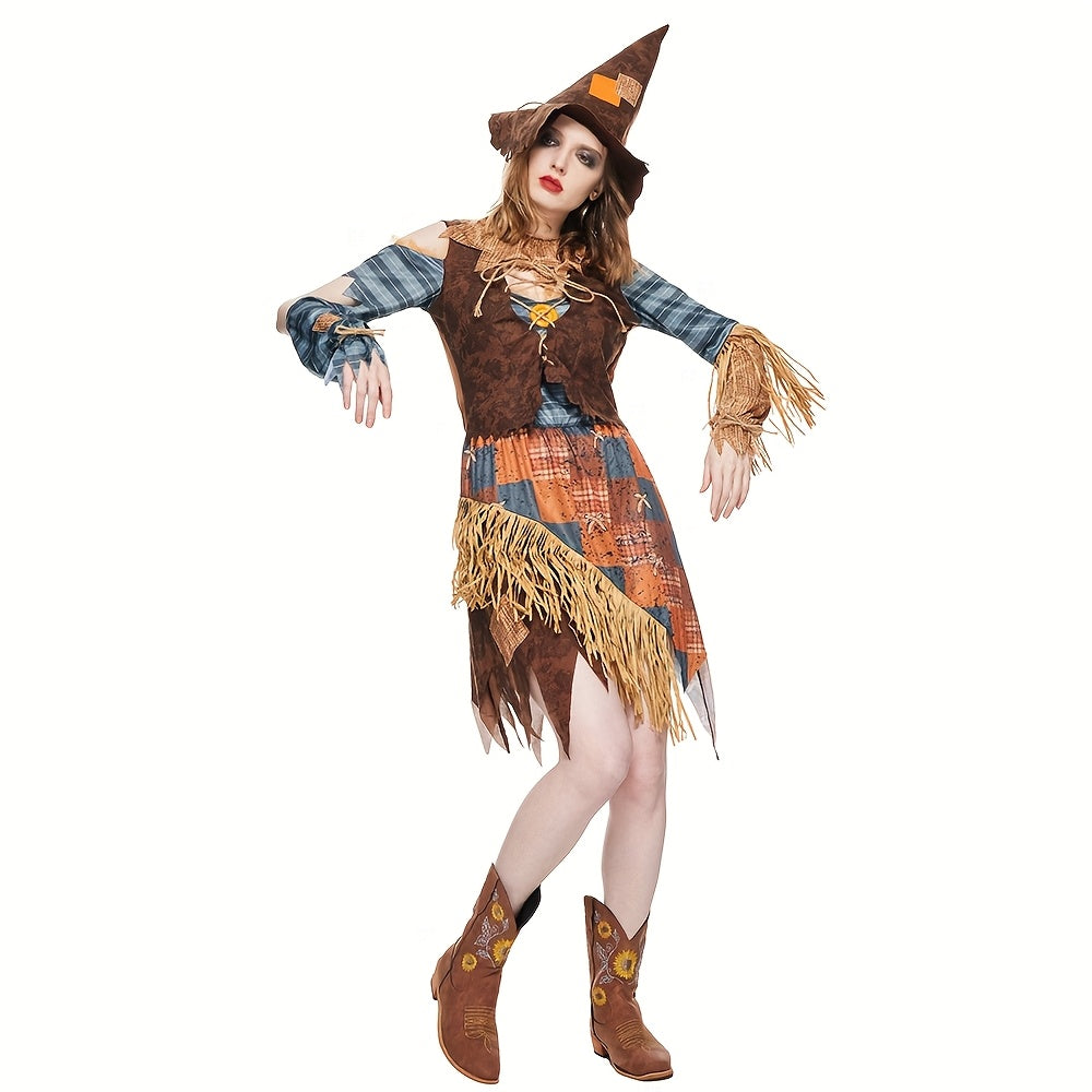 Off Shoulder Halloween Jurk voor Dames met Scarecrow Hoed - Mini Jurk met Patchwork en Franjes
