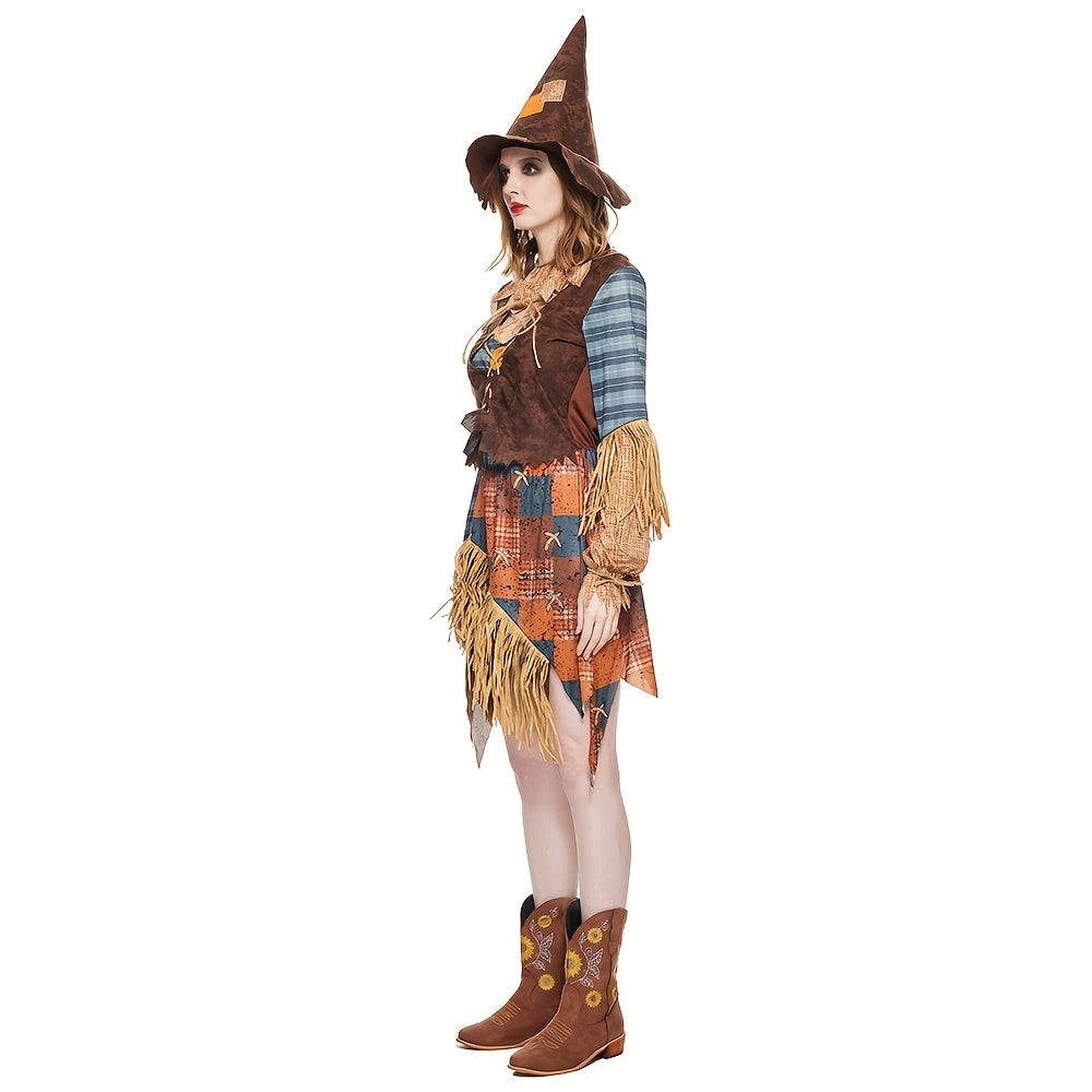 Off Shoulder Halloween Jurk voor Dames met Scarecrow Hoed - Mini Jurk met Patchwork en Franjes