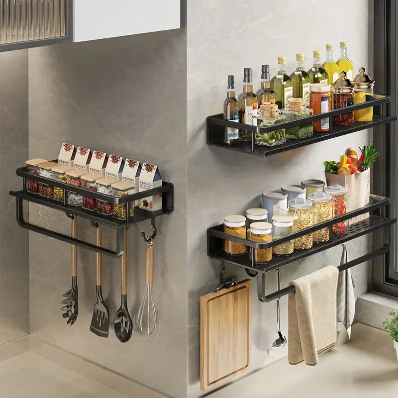 Wandgemonteerd Keukenrek – Aluminium Kruidenrek met Haken, Ruimtebesparend Ontwerp