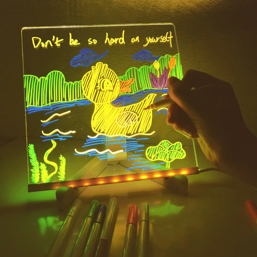 Verlicht Tekenbord voor Kinderen met LED en USB Oplaadfunctie – Herbruikbaar Creatief Tekenschrijfbord met 7 Markers