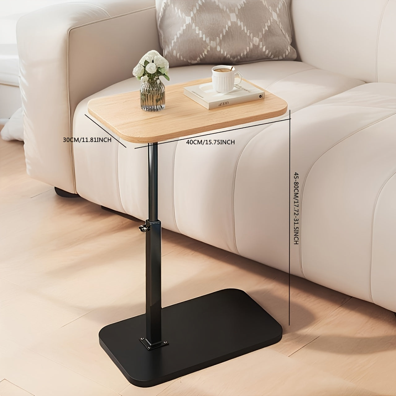 Verstelbare Bijzettafel met Houten Bovenblad en Staalframe – Ideaal voor Bank of Bed, Hoogte 45-80 cm